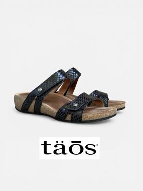 Taos Audition Slide Sandal in Black Snake-embossed Leather Sz EU 39; US 8-8 1/2